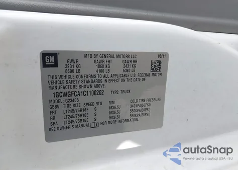 2012 Chevrolet Express 2500 Work Van из США, поврежденный, VIN 1GCWGFCA1C1100202